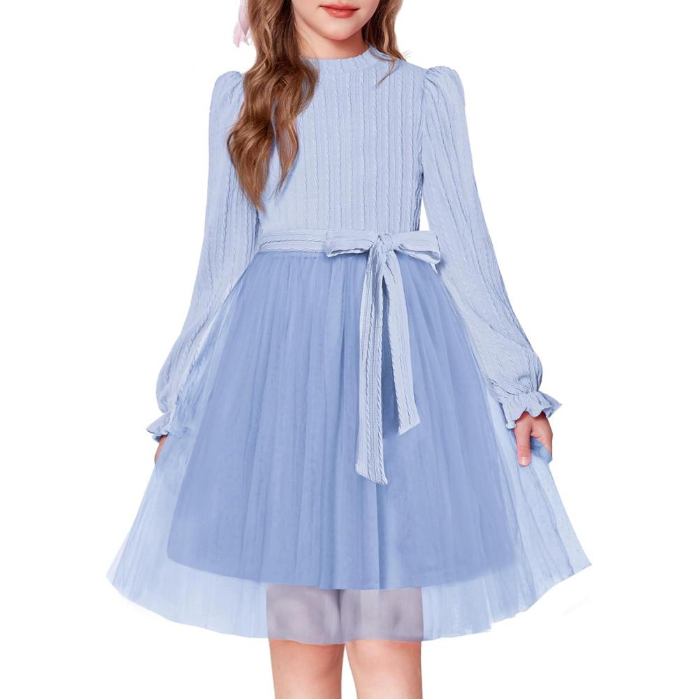 imageArshiner Girls Tulle Dress Puff Long Sleeve Mock Neck Cable Knit Sweater Formal Casual Fall Winter Tutu Dresses with BeltLight Blue