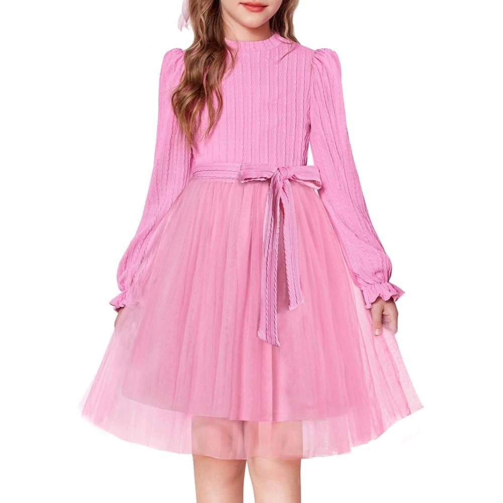 imageArshiner Girls Tulle Dress Puff Long Sleeve Mock Neck Cable Knit Sweater Formal Casual Fall Winter Tutu Dresses with BeltPink