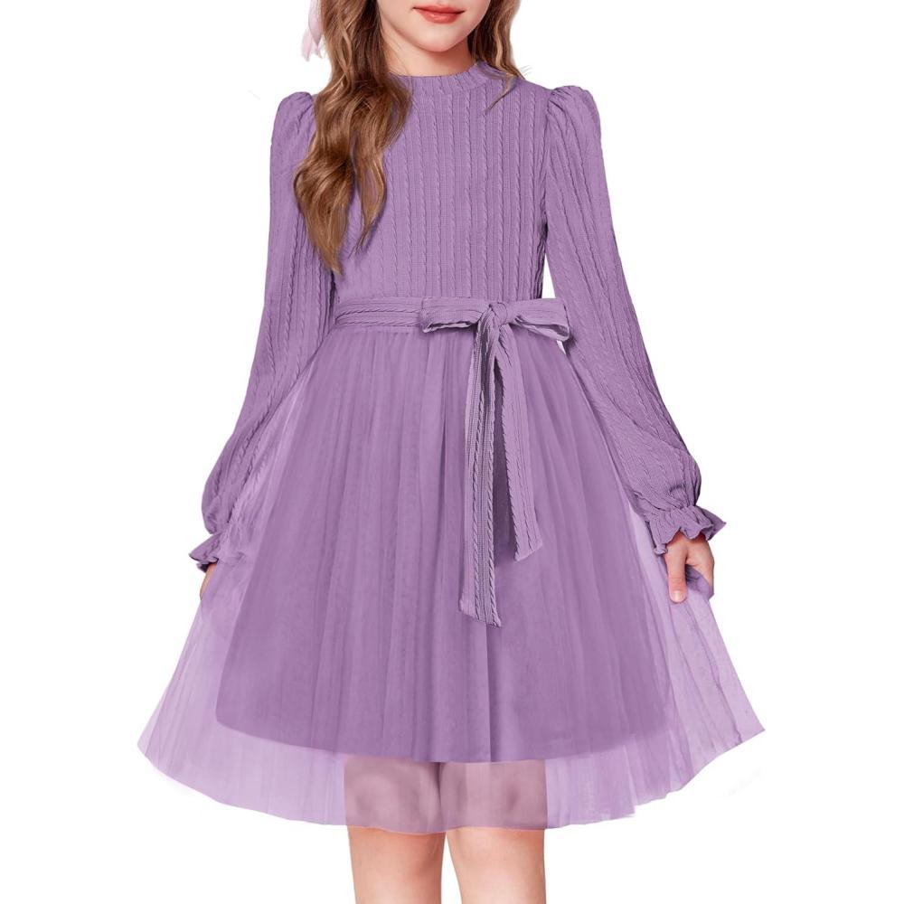 imageArshiner Girls Tulle Dress Puff Long Sleeve Mock Neck Cable Knit Sweater Formal Casual Fall Winter Tutu Dresses with BeltPurple