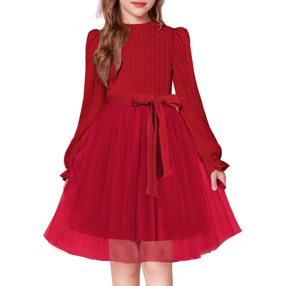 imageArshiner Girls Tulle Dress Puff Long Sleeve Mock Neck Cable Knit Sweater Formal Casual Fall Winter Tutu Dresses with BeltRed