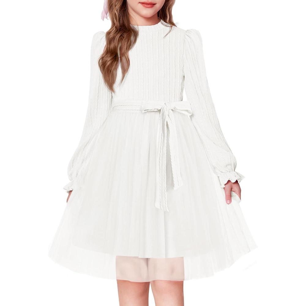 imageArshiner Girls Tulle Dress Puff Long Sleeve Mock Neck Cable Knit Sweater Formal Casual Fall Winter Tutu Dresses with BeltWhite