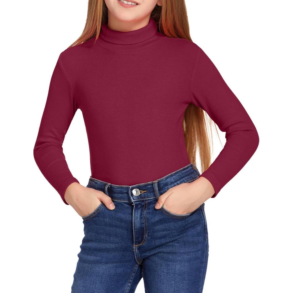 imageArshiner Girls Turtleneck Sweater Kids Casual Long Sleeve Knit Pullover TopsWine Red