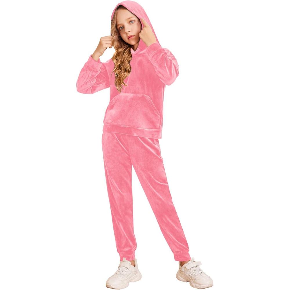 imageArshiner Girls Velour 2 Pieces Tracksuits Outfits Athletic Hoodies Sweatshirts and Sweatpants Athletic Clothing SetsCoral