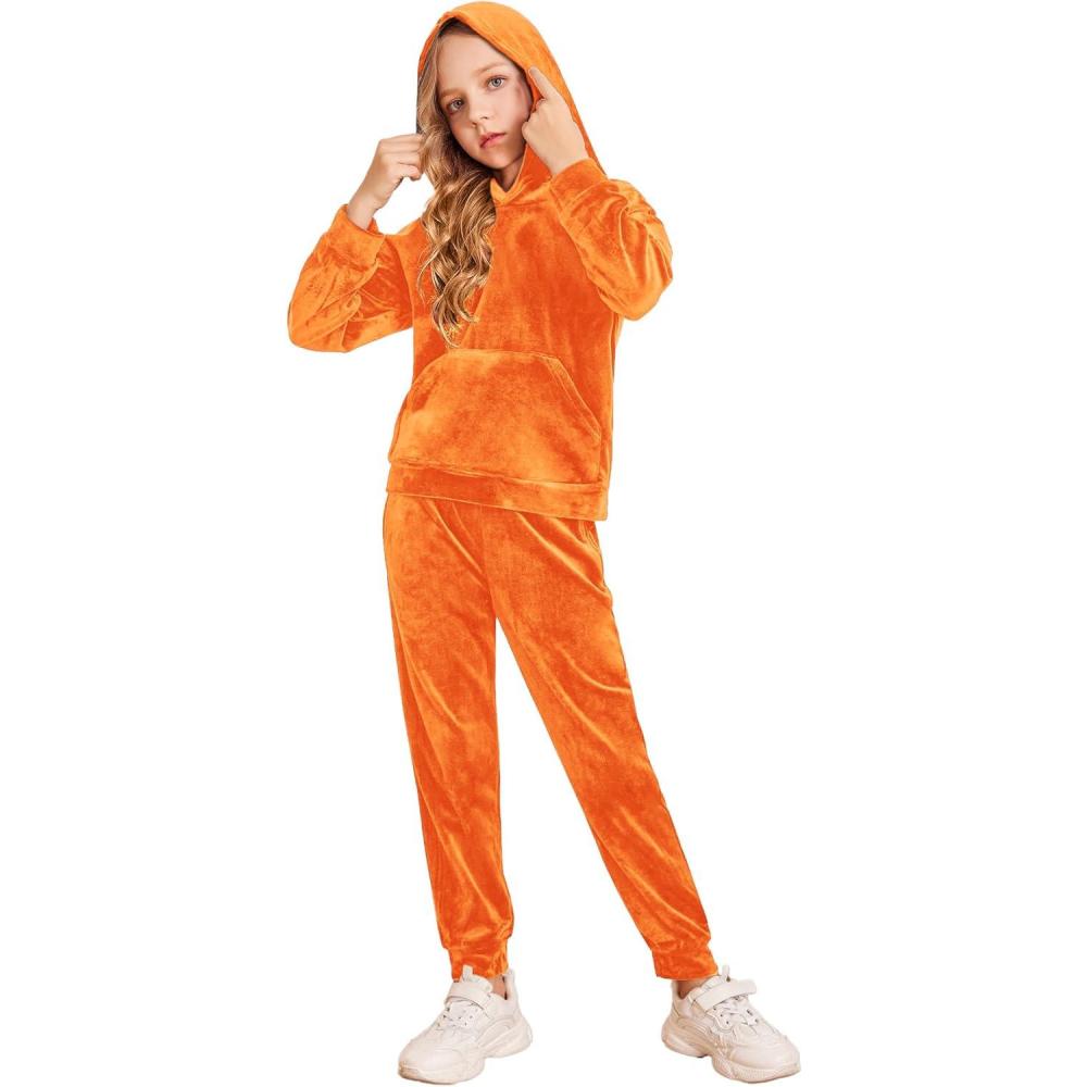 imageArshiner Girls Velour 2 Pieces Tracksuits Outfits Athletic Hoodies Sweatshirts and Sweatpants Athletic Clothing SetsOrange