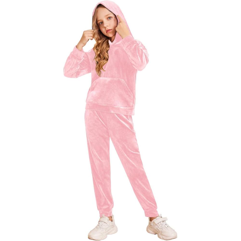 imageArshiner Girls Velour 2 Pieces Tracksuits Outfits Athletic Hoodies Sweatshirts and Sweatpants Athletic Clothing SetsPastel Pink