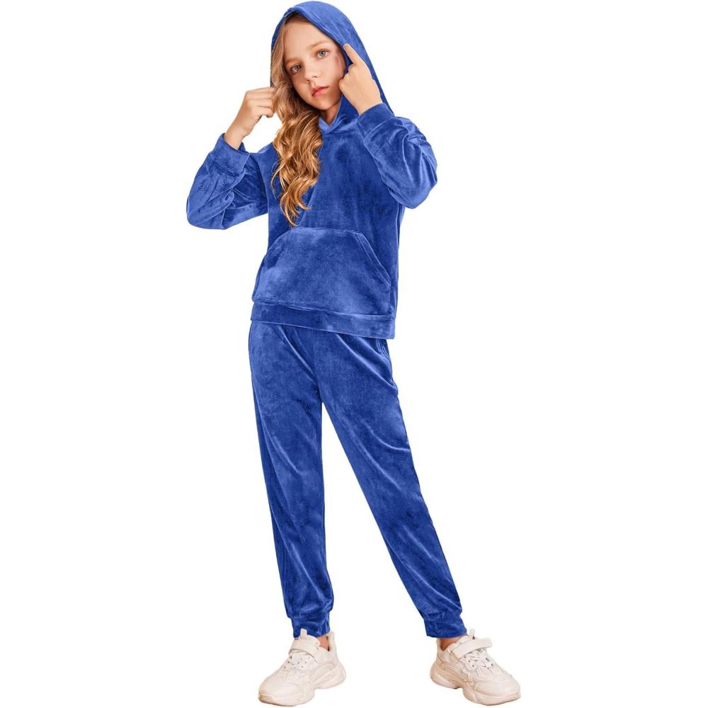 imageArshiner Girls Velour 2 Pieces Tracksuits Outfits Athletic Hoodies Sweatshirts and Sweatpants Athletic Clothing SetsRoyal Blue