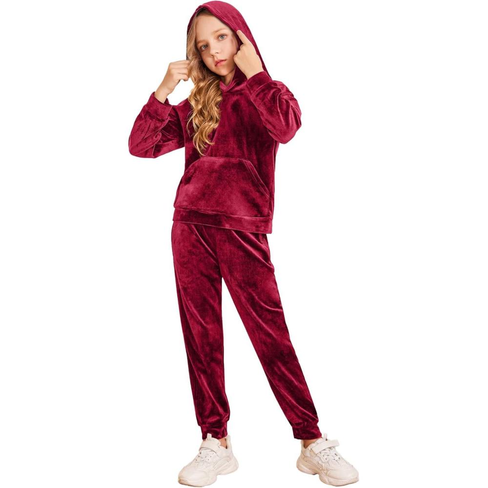 imageArshiner Girls Velour 2 Pieces Tracksuits Outfits Athletic Hoodies Sweatshirts and Sweatpants Athletic Clothing SetsWine Red