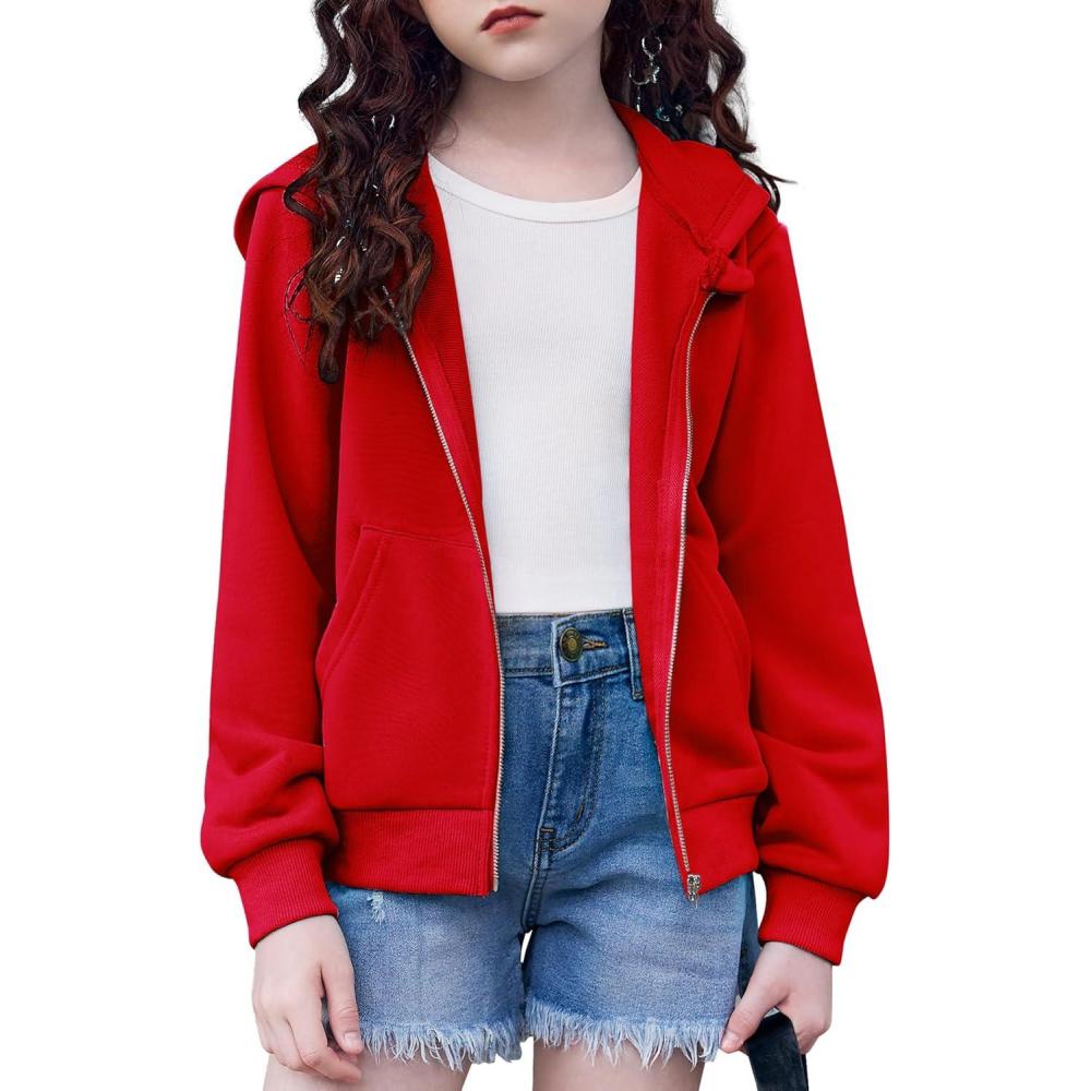 imageArshiner Girls Zip Up Cropped Hoodies Teen Casual Long Sleeve FullZip Sweatshirts Jackets with PocketsDeep Red