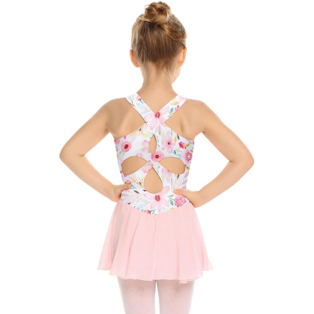 imageArshiner Kid Girls Hollow Back Ballet Leotard with Skirt Sleeveless Dance DressesWhite Floral