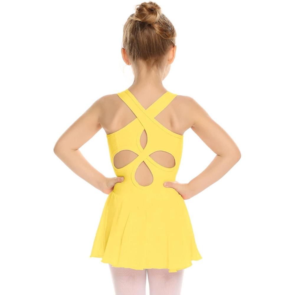 imageArshiner Kid Girls Hollow Back Ballet Leotard with Skirt Sleeveless Dance DressesYellow
