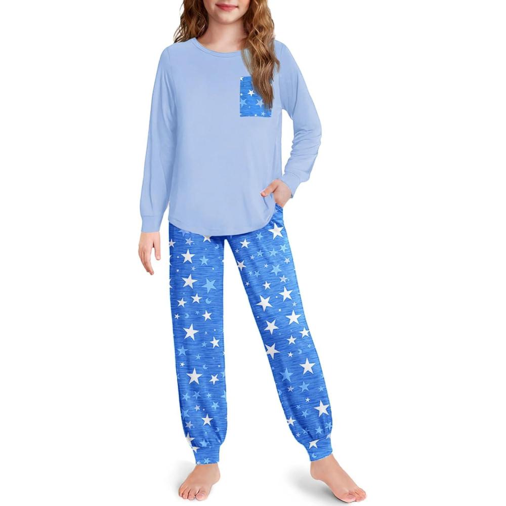 imageArshiner Pajamas for Girls Long Sleeve Pjs Set Soft Lounge Sets Ankle Cuff SleepwearBlue Star