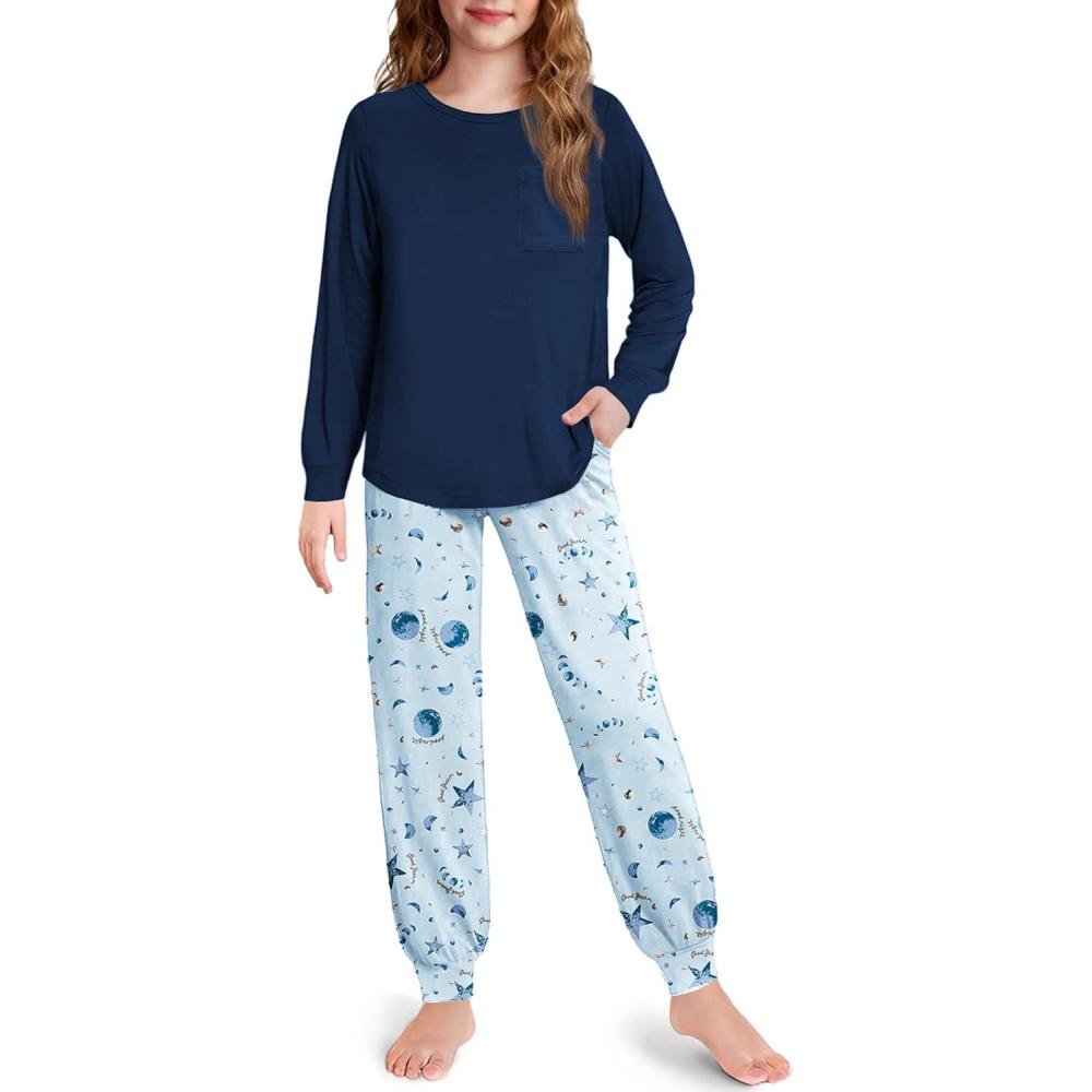 imageArshiner Pajamas for Girls Long Sleeve Pjs Set Soft Lounge Sets Ankle Cuff SleepwearBlue Star Moon
