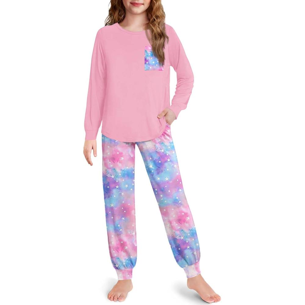 imageArshiner Pajamas for Girls Long Sleeve Pjs Set Soft Lounge Sets Ankle Cuff SleepwearPink Tie Die