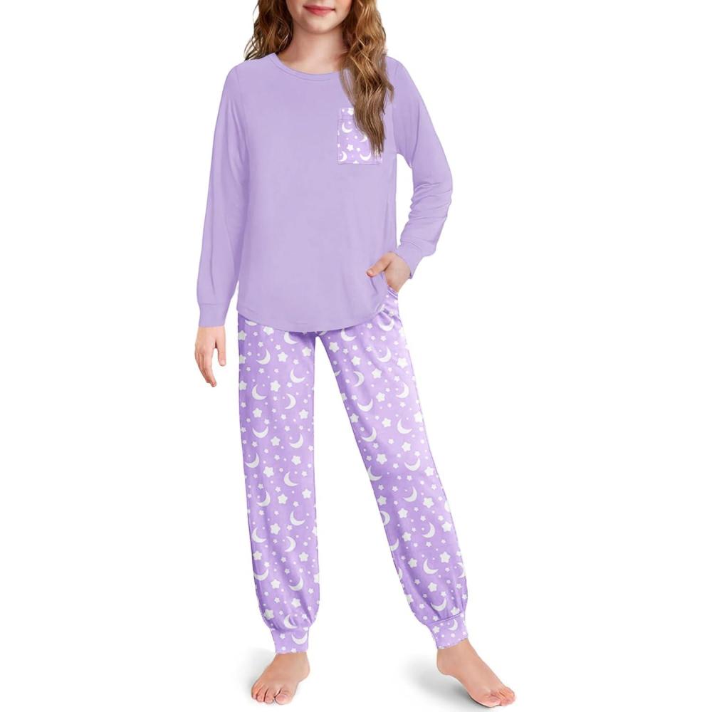 imageArshiner Pajamas for Girls Long Sleeve Pjs Set Soft Lounge Sets Ankle Cuff SleepwearPurple Star Moon