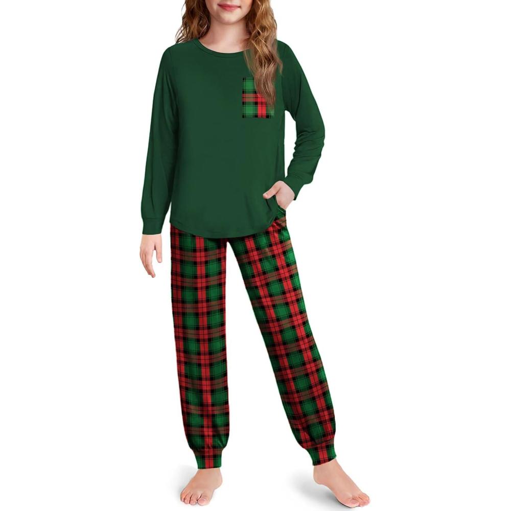 imageArshiner Pajamas for Girls Long Sleeve Pjs Set Soft Lounge Sets Ankle Cuff SleepwearRed Green Plaid