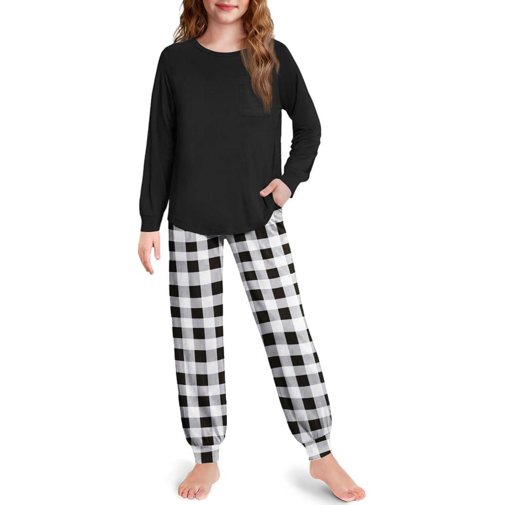 imageArshiner Pajamas for Girls Long Sleeve Pjs Set Soft Lounge Sets Ankle Cuff SleepwearWhite Black Plaid
