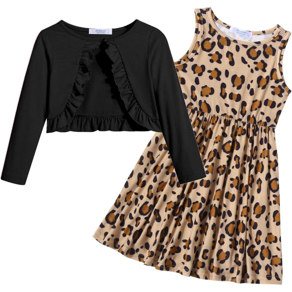 imageArshiner Toddler Dress and Cardigan Girl Floral Print Sleeveless Sundress and Long Sleeve Shrugs SetsBlackleopard