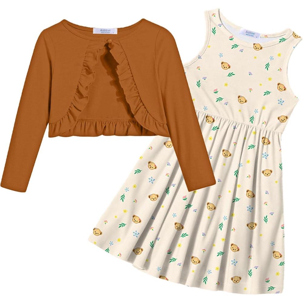 imageArshiner Toddler Dress and Cardigan Girl Floral Print Sleeveless Sundress and Long Sleeve Shrugs SetsBrownteddy Bear