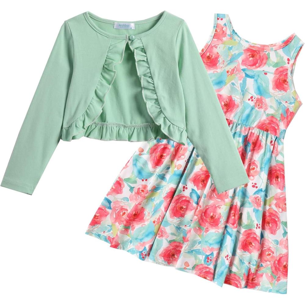 imageArshiner Toddler Dress and Cardigan Girl Floral Print Sleeveless Sundress and Long Sleeve Shrugs SetsGreenfloral