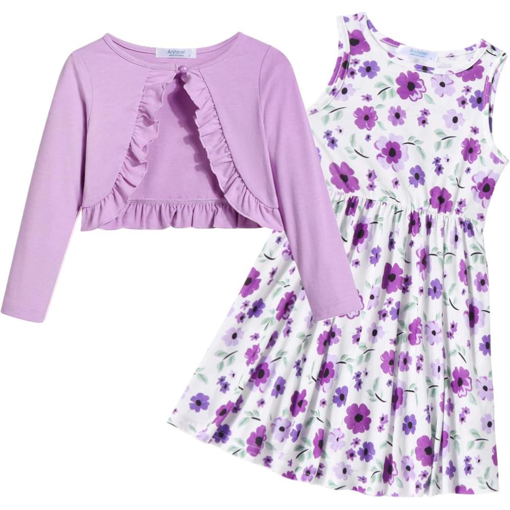 imageArshiner Toddler Dress and Cardigan Girl Floral Print Sleeveless Sundress and Long Sleeve Shrugs SetsPurplefloral