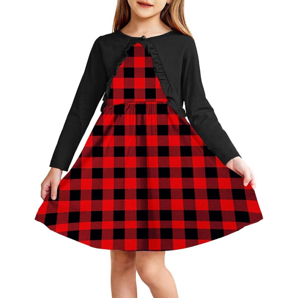 imageArshiner Toddler Dress and Cardigan Girl Floral Print Sleeveless Sundress and Long Sleeve Shrugs SetsRedplaid