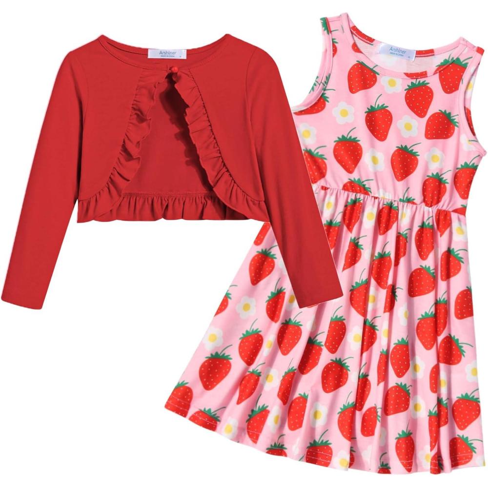 imageArshiner Toddler Dress and Cardigan Girl Floral Print Sleeveless Sundress and Long Sleeve Shrugs SetsRedstrawberry