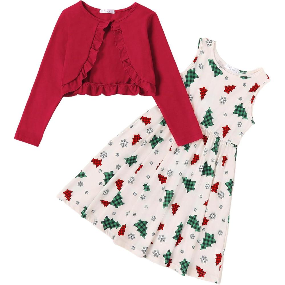 imageArshiner Toddler Dress and Cardigan Girl Floral Print Sleeveless Sundress and Long Sleeve Shrugs SetsWhitechristmas