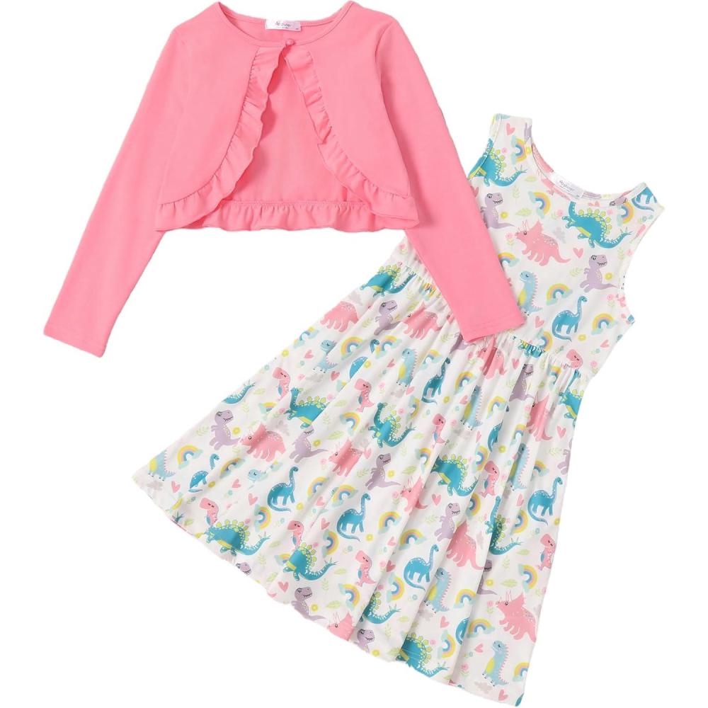 imageArshiner Toddler Dress and Cardigan Girl Floral Print Sleeveless Sundress and Long Sleeve Shrugs SetsWhitedinosaur