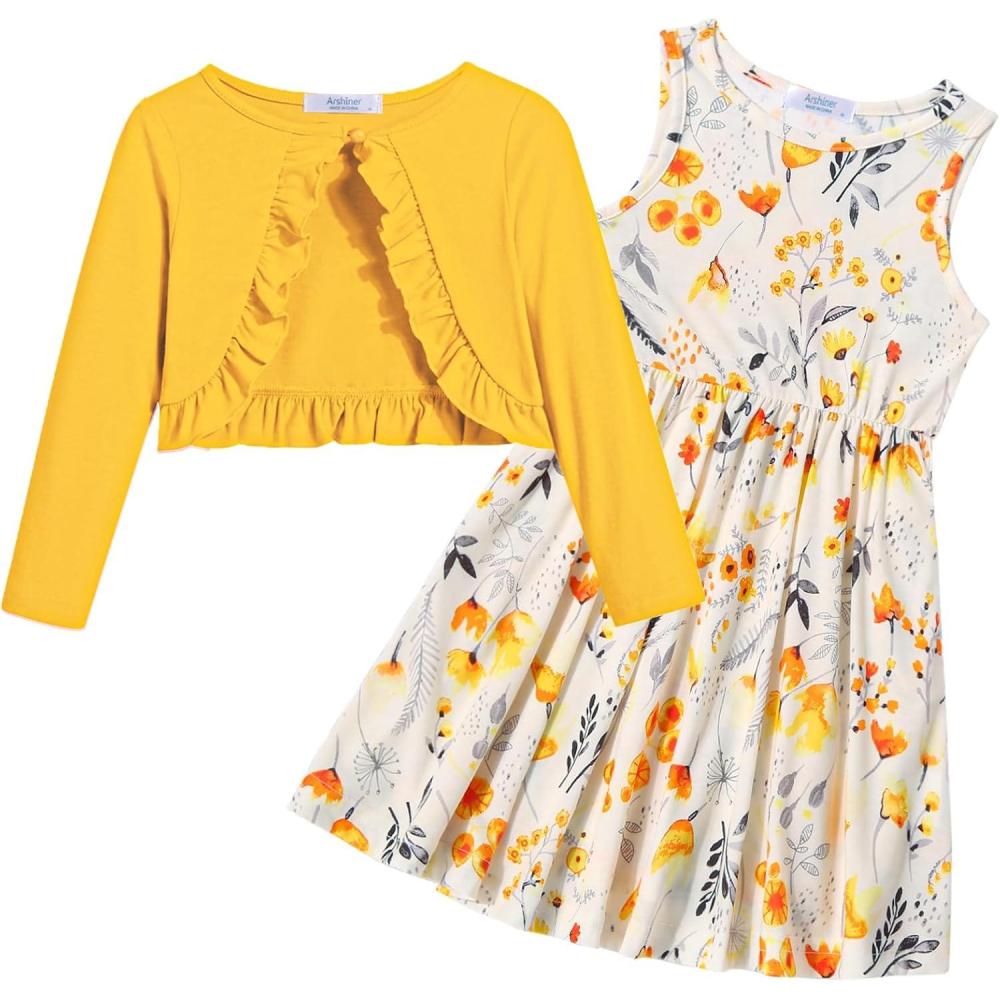 imageArshiner Toddler Dress and Cardigan Girl Floral Print Sleeveless Sundress and Long Sleeve Shrugs SetsYellowfloral
