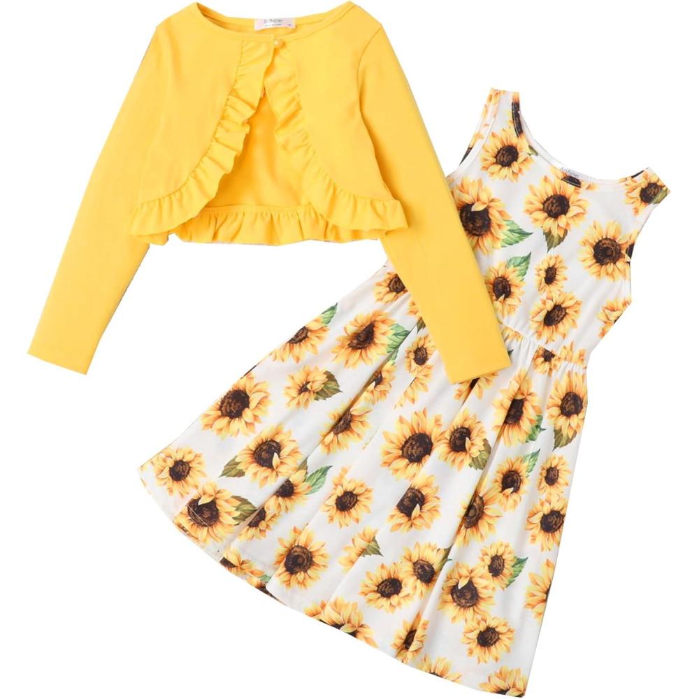 imageArshiner Toddler Dress and Cardigan Girl Floral Print Sleeveless Sundress and Long Sleeve Shrugs SetsYellowsunflower 1