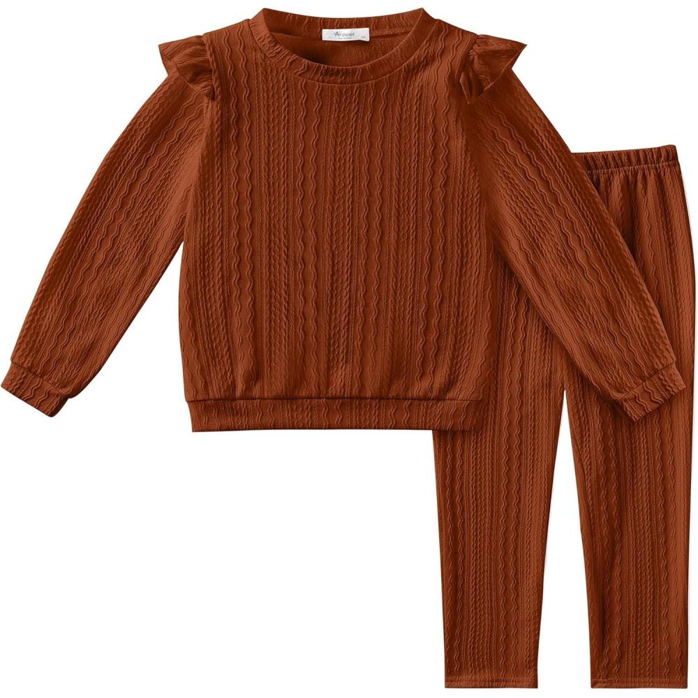 imageArshiner Toddler Girl 2Pcs Ribbed Knit Clothes Ruffle Trim Longsleeve Pullover Sweatshirt and Leggings Fall Outfits 16TCaramel