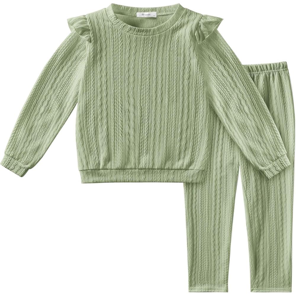 imageArshiner Toddler Girl 2Pcs Ribbed Knit Clothes Ruffle Trim Longsleeve Pullover Sweatshirt and Leggings Fall Outfits 16TIce Green