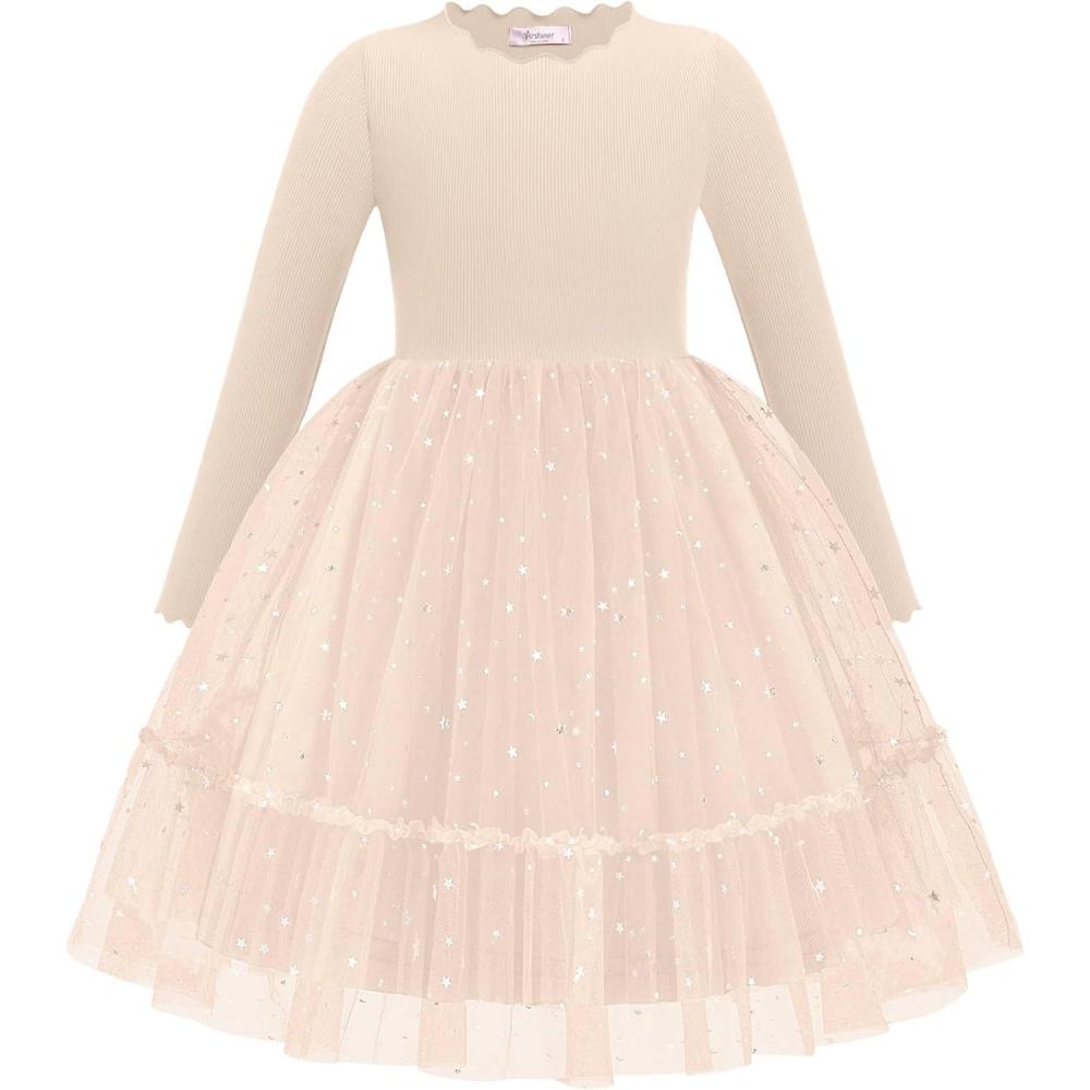 imageArshiner Toddler Girl Tutu Dress Fall Winter Long Sleeve Star Sequin Holiday Party Tulle Dresses 26YBeige