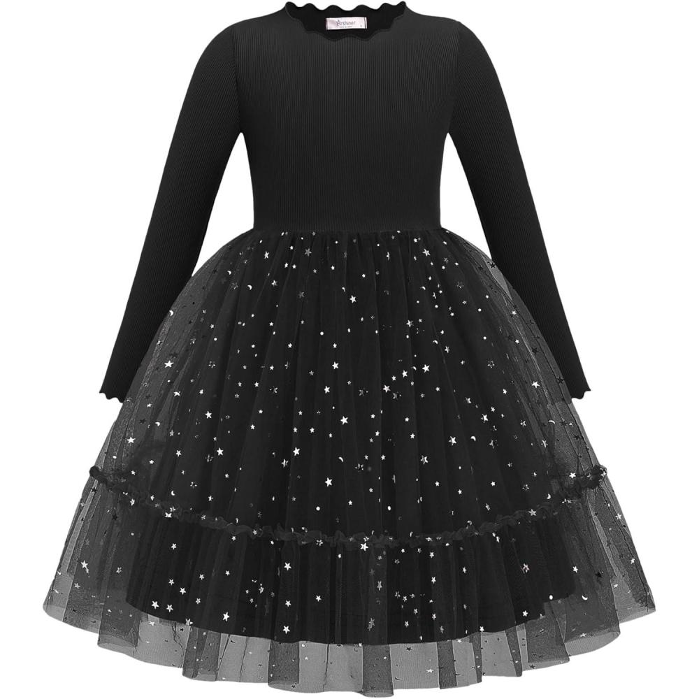 imageArshiner Toddler Girl Tutu Dress Fall Winter Long Sleeve Star Sequin Holiday Party Tulle Dresses 26YBlack