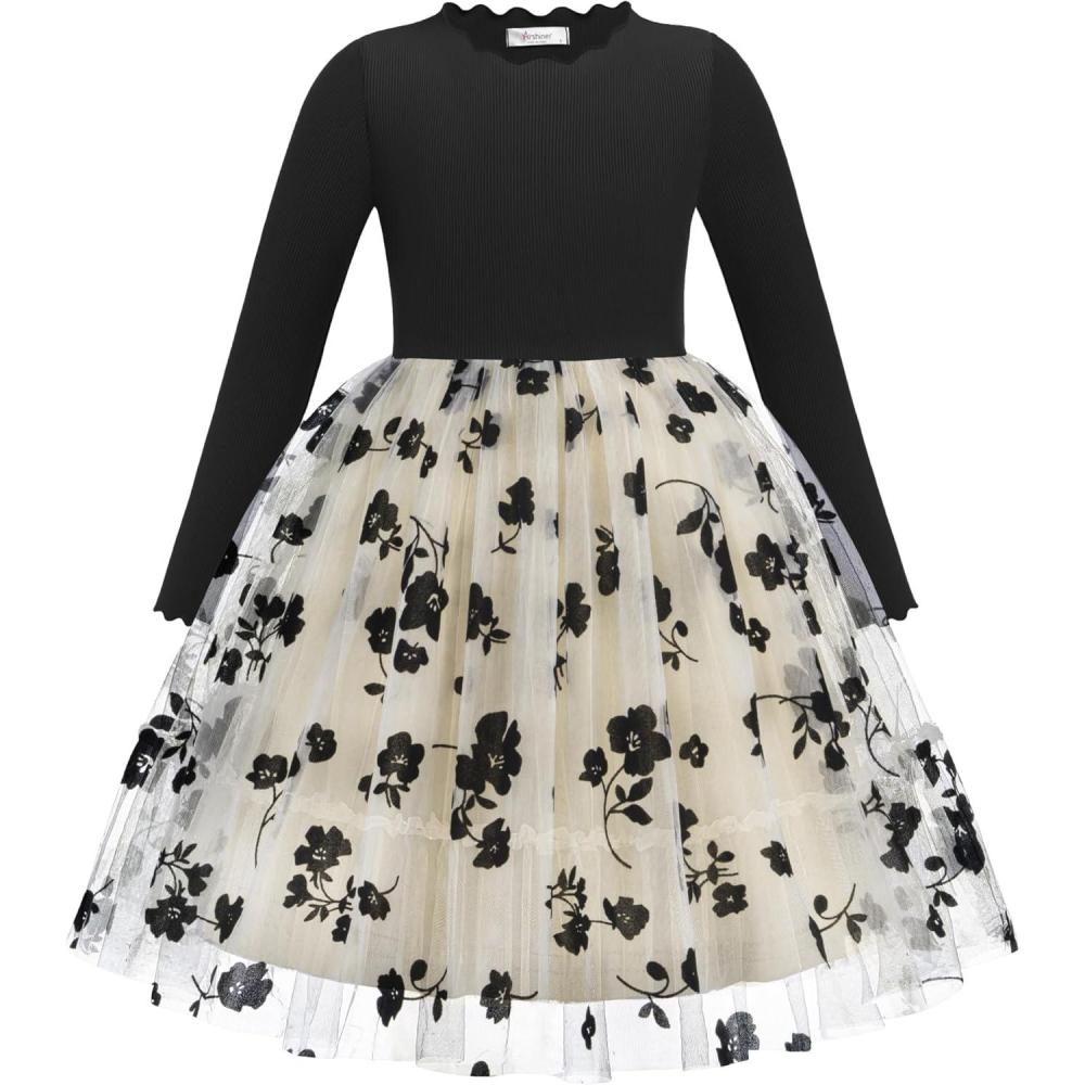 imageArshiner Toddler Girl Tutu Dress Fall Winter Long Sleeve Star Sequin Holiday Party Tulle Dresses 26YBlack Flowers