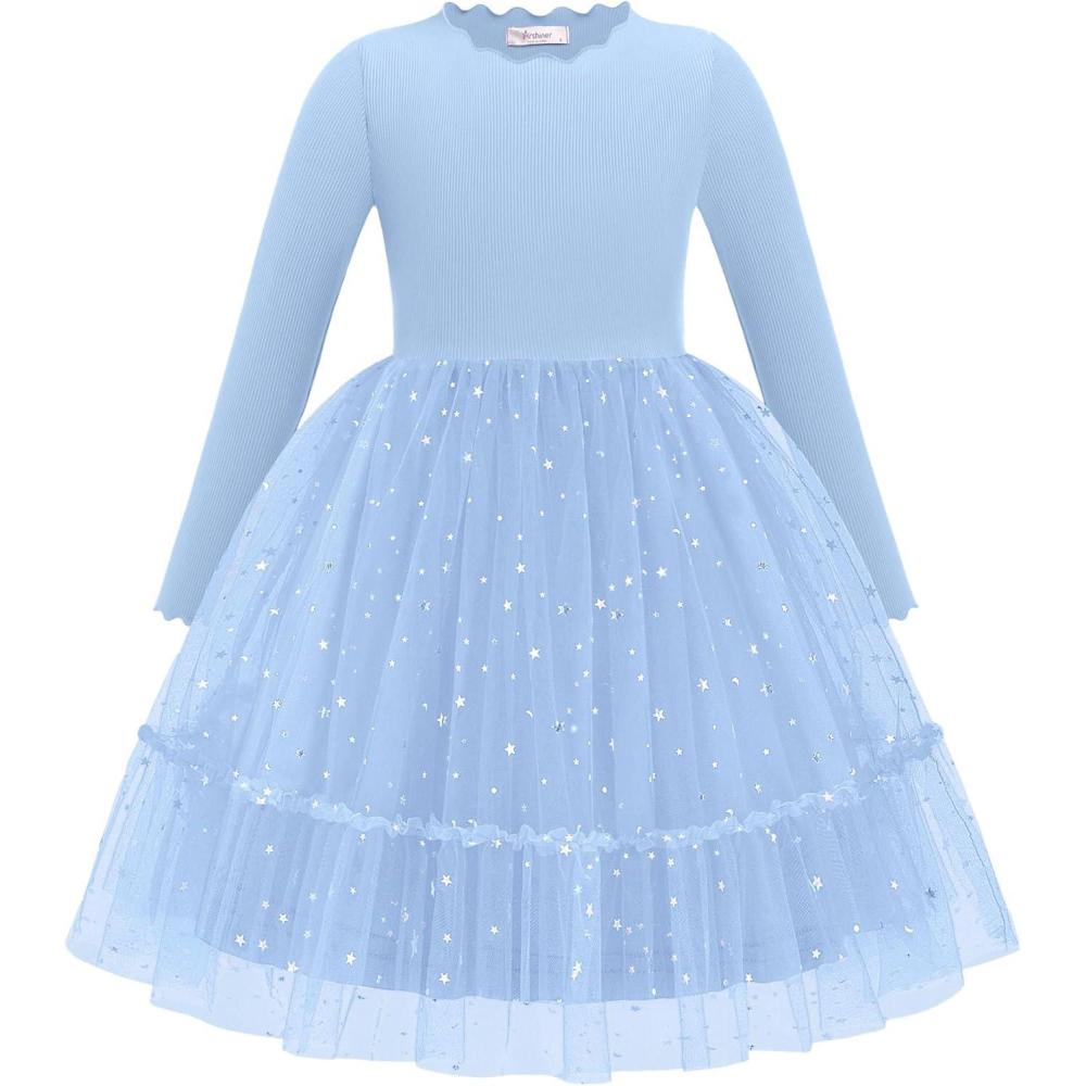 imageArshiner Toddler Girl Tutu Dress Fall Winter Long Sleeve Star Sequin Holiday Party Tulle Dresses 26YBlue