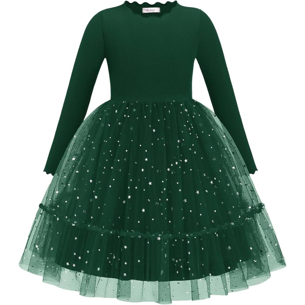 imageArshiner Toddler Girl Tutu Dress Fall Winter Long Sleeve Star Sequin Holiday Party Tulle Dresses 26YGreen