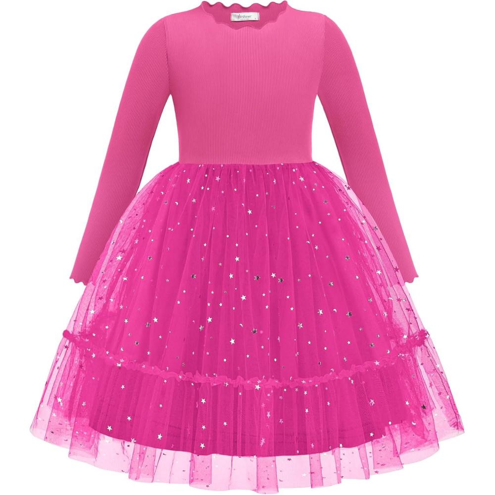 imageArshiner Toddler Girl Tutu Dress Fall Winter Long Sleeve Star Sequin Holiday Party Tulle Dresses 26YHot Pink