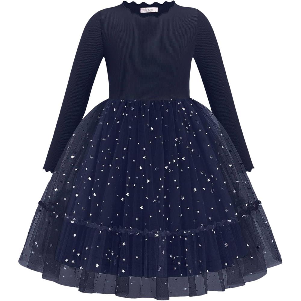 imageArshiner Toddler Girl Tutu Dress Fall Winter Long Sleeve Star Sequin Holiday Party Tulle Dresses 26YNavy Blue