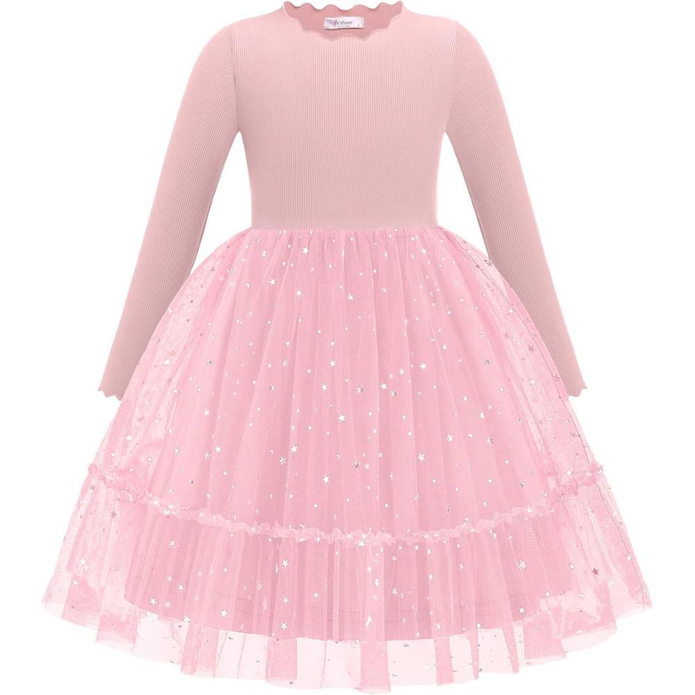 imageArshiner Toddler Girl Tutu Dress Fall Winter Long Sleeve Star Sequin Holiday Party Tulle Dresses 26YPink