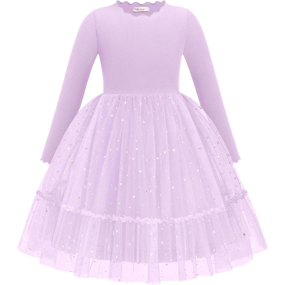 imageArshiner Toddler Girl Tutu Dress Fall Winter Long Sleeve Star Sequin Holiday Party Tulle Dresses 26YPurple
