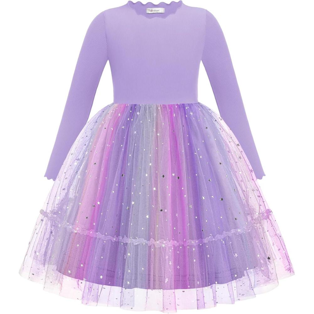 imageArshiner Toddler Girl Tutu Dress Fall Winter Long Sleeve Star Sequin Holiday Party Tulle Dresses 26YPurple Rainbow