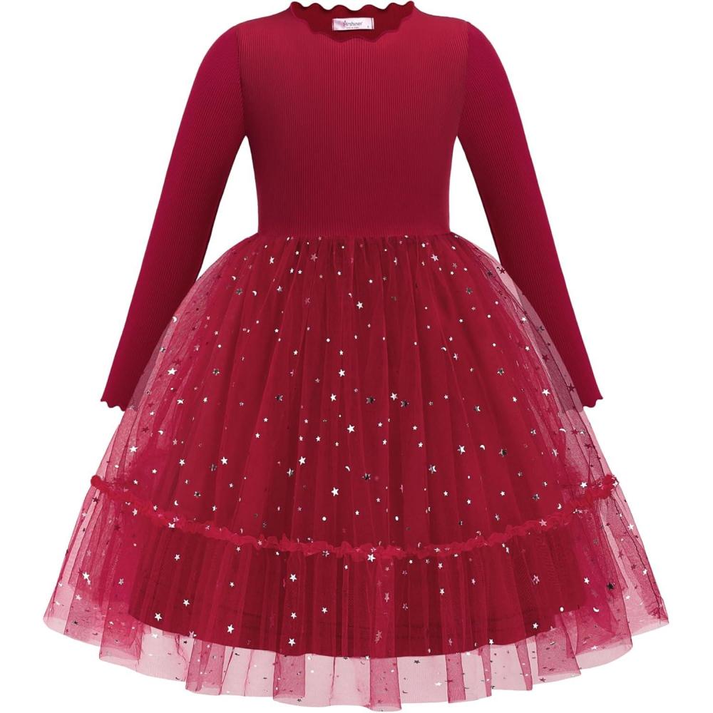 imageArshiner Toddler Girl Tutu Dress Fall Winter Long Sleeve Star Sequin Holiday Party Tulle Dresses 26YRed