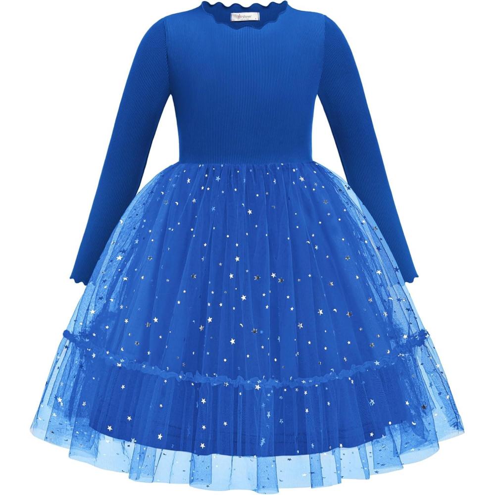 imageArshiner Toddler Girl Tutu Dress Fall Winter Long Sleeve Star Sequin Holiday Party Tulle Dresses 26YRoyal Blue