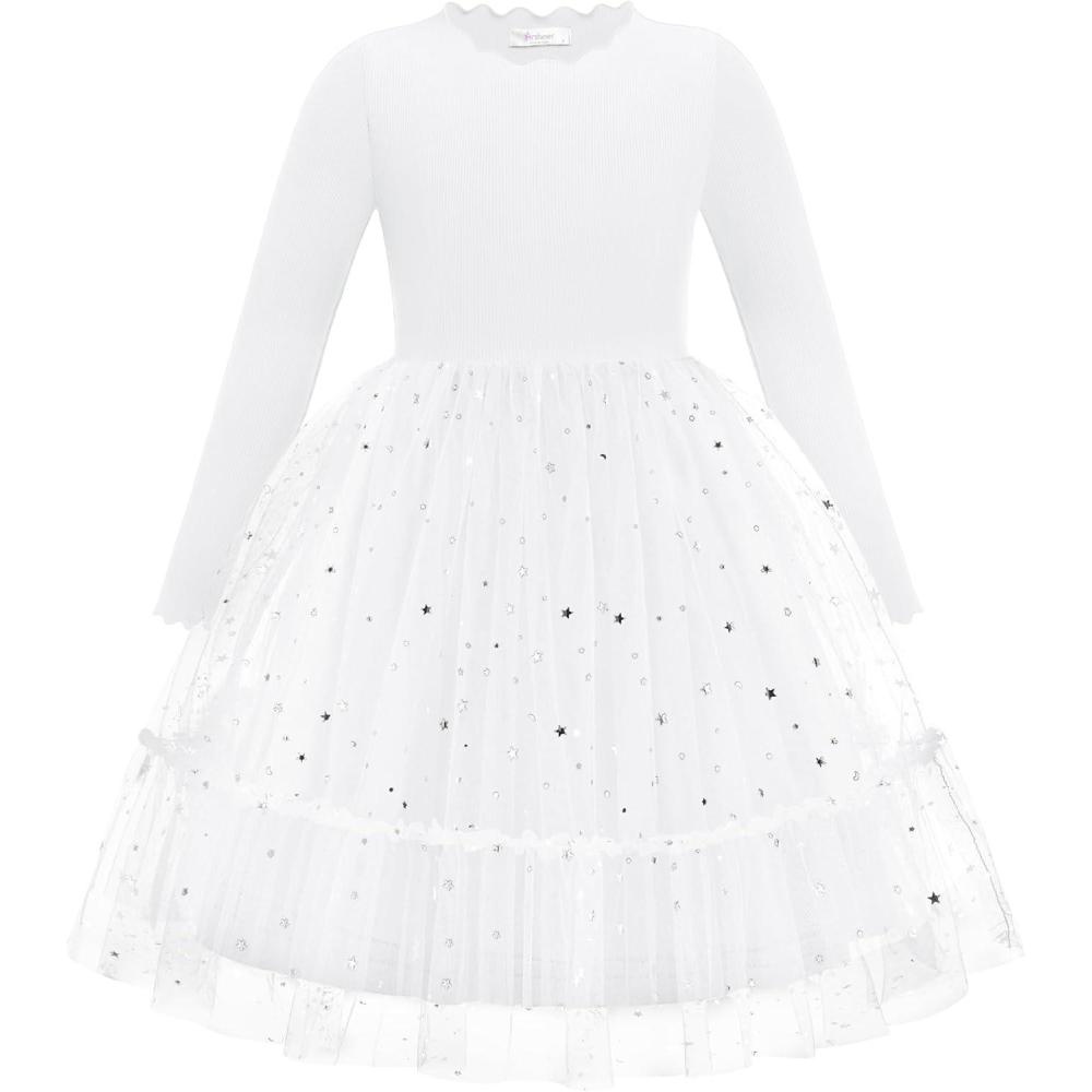 imageArshiner Toddler Girl Tutu Dress Fall Winter Long Sleeve Star Sequin Holiday Party Tulle Dresses 26YWhite