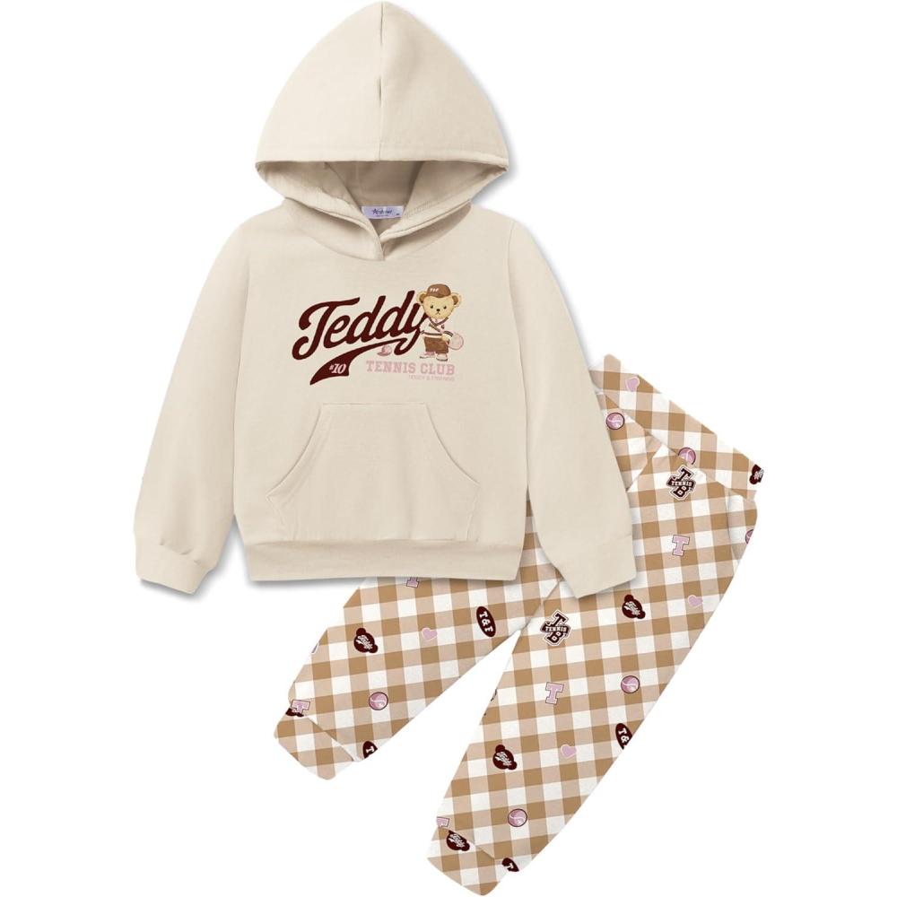 imageArshiner Toddler Girls 2Pcs Outfits Clothing Sets Long Sleeve Hoodie Sweatshirt Pants Set with Pockets Fall Winter ClothesTeddy Plaid