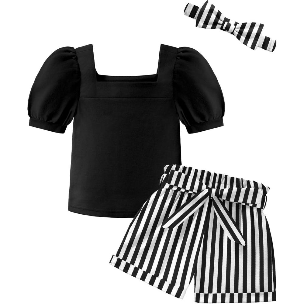 imageArshiner Toddler Girls 3 Piece Outfit Set Puff Sleeve Square Neck Top with Shorts and Matching Headband Summer Clothes 2T8YBlack White