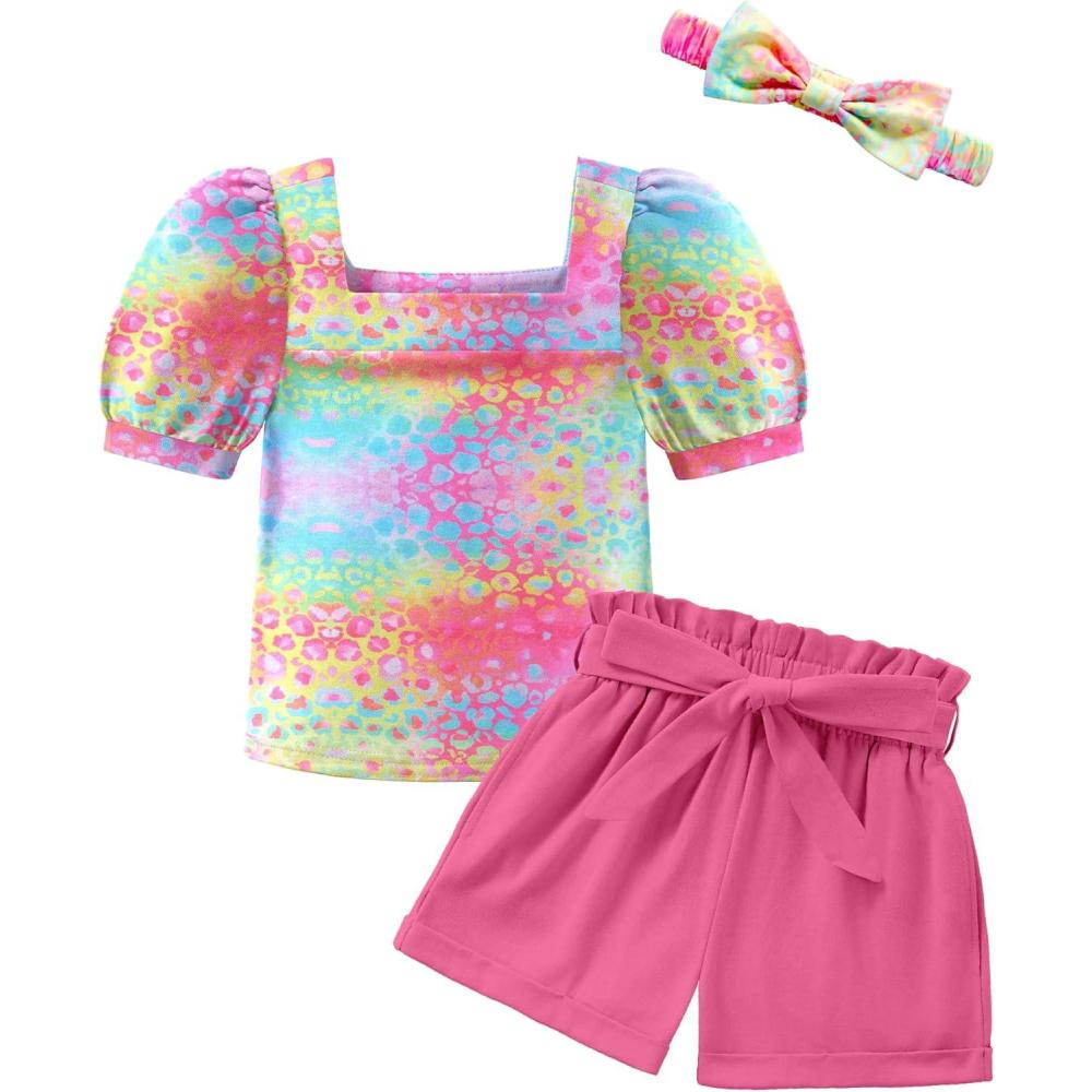 imageArshiner Toddler Girls 3 Piece Outfit Set Puff Sleeve Square Neck Top with Shorts and Matching Headband Summer Clothes 2T8YColor