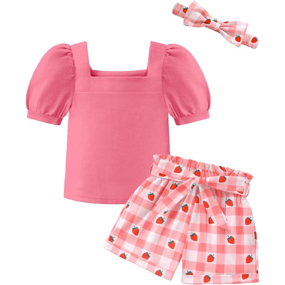 imageArshiner Toddler Girls 3 Piece Outfit Set Puff Sleeve Square Neck Top with Shorts and Matching Headband Summer Clothes 2T8YPink Plaid