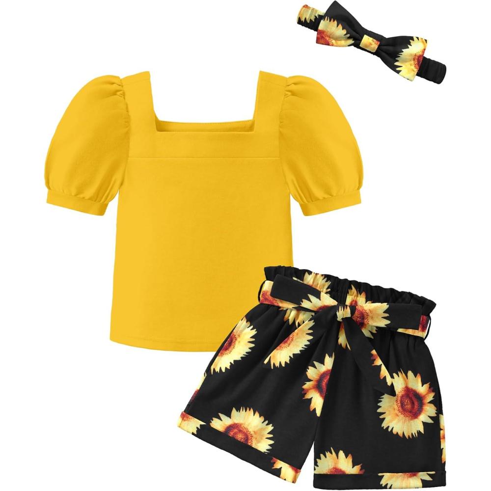imageArshiner Toddler Girls 3 Piece Outfit Set Puff Sleeve Square Neck Top with Shorts and Matching Headband Summer Clothes 2T8YSunflower